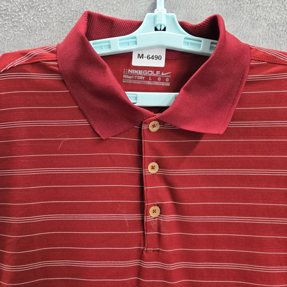 Nike‎ Golf Men Polo L Red Striped Button Short Sleeve Polyester